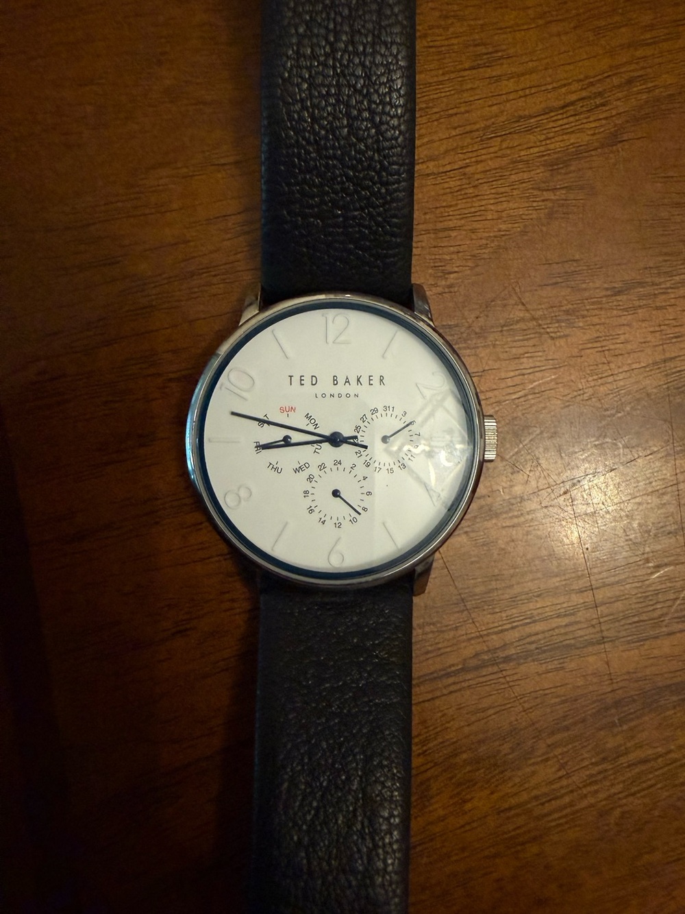 Ted Baker Black Leather Strap Watch with White Dial
